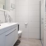 Badezimmer mit Dusche, Toilette und Waschbecken.