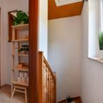 Eingangsbereich mit Holztreppe, Regal und Pflanzen an Fenster