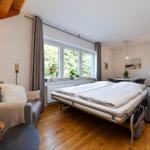 Schlafzimmer mit Schlafcouch, Fenster und Holzboden