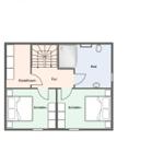 Dieses Stockwerk hat zwei Schlafzimmer, ein Bad und einen Aufenthaltsraum mit Treppe.