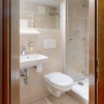 Badezimmer mit Dusche, Waschbecken und WC. Fliesen und Spiegel sichtbar.