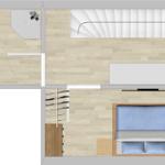 Schlafzimmer mit Bett, Kleiderschrank und Pflanze. Nebenraum mit Toilette und Dusche.