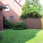 Hinterhof mit Rasen, Zaun und Bäumen