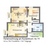 Ferienwohnung mit 4 Schlafzimmern, Wohnzimmer, Küche und Bad. Zwei Balkone vorhanden.