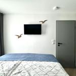 Schlafzimmer mit Bett, Wand-TV und Vogelskulpturen.