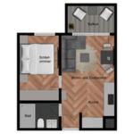 Wohnung mit Schlafzimmer, Wohn- und Essbereich, Küche, Bad und Balkon.