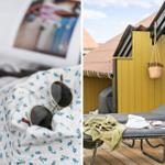 Liegende Sonnenbrille auf blumigem Tuch neben geöffnetem Buch. Außenterrasse mit Liege, Decke und Blumenkorb.