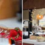 Küchenbereich mit Früchten, Tassen und Kanne auf Arbeitsfläche