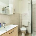 Badezimmer mit Dusche, Waschbecken und Toilette. Fliesenwand und Spiegelschrank.