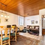 Wohn- und Essbereich mit Holzdecke, Sofa, Esstisch und Stühlen.