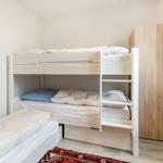 Zimmer mit Doppelstockbett, Schlafcouch und Holzschrank.