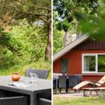 Außenbereich mit Tisch, Stühlen und Liegestühlen neben einem roten Haus.