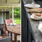 Terrasse mit Tisch, Stühlen und Strandkorb. Holzbank mit Muscheln und Schalentieren.