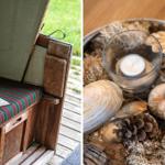 Sitzbank mit Buch und Brille. Dekoration mit Muscheln, Kiefernzapfen und Kerze.