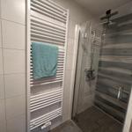Dusche mit Glaswand und Heizkörper mit Handtuch.