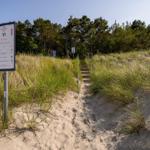 Weg durch Sanddünen mit Schild und Stufen zum Strand.
