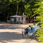 Ein blauer E-Bike steht vor einem Pavillon im Park. Menschen sitzen draußen.