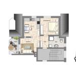 Wohnung mit Küche, Schlafzimmer, Bad und Loggia. Treppenhaus im Erdgeschoss.