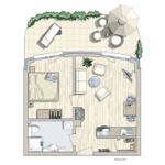 Wohnung mit Schlafzimmer, Wohnbereich, Küche und Bad. Außenbereich mit Liege und Tisch.