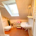 Badezimmer mit Dusche, Toilette, Waschbecken und Dachfenster.