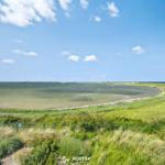 Weitläufiger Blick auf ruhige Bucht mit Grünland und klarem Himmel.