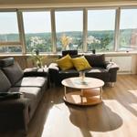 Wohnzimmer mit Sofa, Tisch und Blick auf Wald und Wasser.