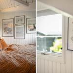 Schlafzimmer mit Bett, Wandbildern und Fenster