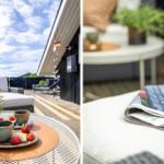 Terrasse mit Tisch, Kaffeetassen und Erdbeeren. Im Hintergrund liegt eine Liege.