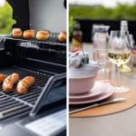 Grill mit Würstchen und Brötchen. Tisch mit Wein, Obst und Geschirr.