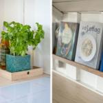 Küchenbereich mit Basilikum, Öl und Gewürz. Bücherregal mit Kochbüchern.