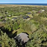 Aerial view of holiday homes surrounded by greenery and ocean in the distance.