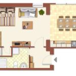 Wohnung mit Schlafzimmer, Wohnbereich, Küche und Bad