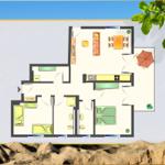 Dieses Ferienhaus hat eine Küche, Wohnzimmer, zwei Schlafzimmer und ein Badezimmer.