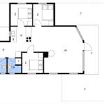 Wohnung mit Küche, Schlafzimmer und Bad. Flur mit Waschbecken und Toilette.