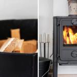 Holzstapel und brennender Kaminofen in einem Raum.