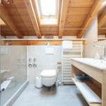 Bad mit Dusche, Toilette und Waschbecken unter Holzdecke.