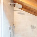 Dusche mit Duschbrause und Handbrause, Holzdecke und Fliesenwand.