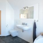 Badezimmer mit Dusche, Badewanne, Toilette und Sauna.