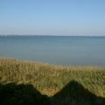 Weitläufiger Blick auf ruhiges Wasser mit Segelbooten und Grasland im Vordergrund.
