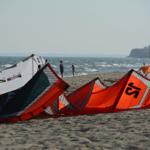 Kites liegen am Strand, Menschen im Wasser, Blick aufs Meer.