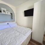 Schlafzimmer mit Bett, Wand-TV und Schrank. Wand mit Regal und Pflanzen.