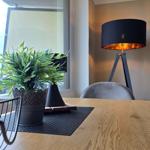 Holztisch mit Pflanze und Stehlampe im Raum