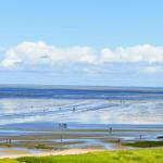 Weitläufiger Strand mit Wattgebieten und wenigen Personen unter blauem Himmel.