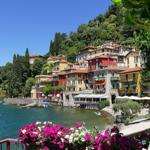 View of a picturesque harbor with colorful houses and blooming flowers in the foreground.
