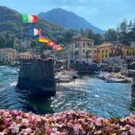 Harbor with boats, flags, and mountains in the background.