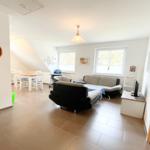 Wohn- und Essbereich mit Sofa, Stühlen und Fenstern. Holzboden und Deckenleuchte.