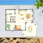 Dieses Haus hat eine Küche, ein Esszimmer, ein Wohnzimmer und zwei Schlafzimmer.