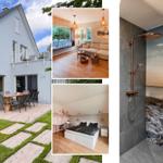 Modernes Haus mit Terrasse, Wohnzimmer, Schlafzimmer und Dusche mit Strandmotivwand.