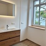 Badezimmer mit Waschbecken, Spiegel und Fenster mit Blick.