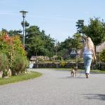 Eine Frau mit Hund geht auf einem Weg entlang von Häusern mit Strohdächern.